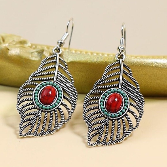 GlitzBlitz Boutique Jewelry - Any 2/$20! Silver Red & Turquoise Feather Earrings